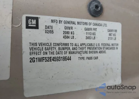 2005 Chevrolet Impala z USA, uszkodzony, nr VIN 2G1WF5SE459318644